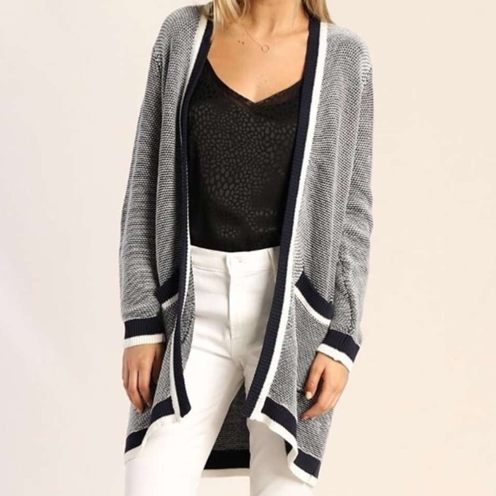 Skies Are Blue Open Front Cardigan Sweater Pockets Long Sleeve Blue White Small